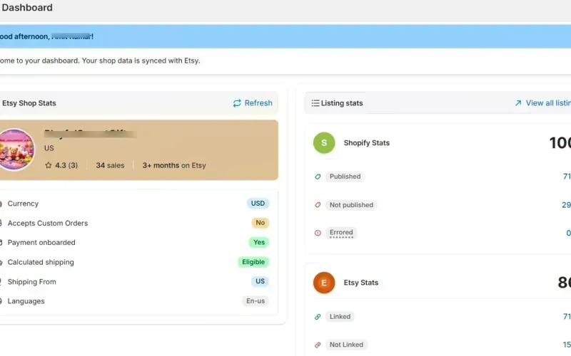 Etsy Importer bulk import dashboard preview